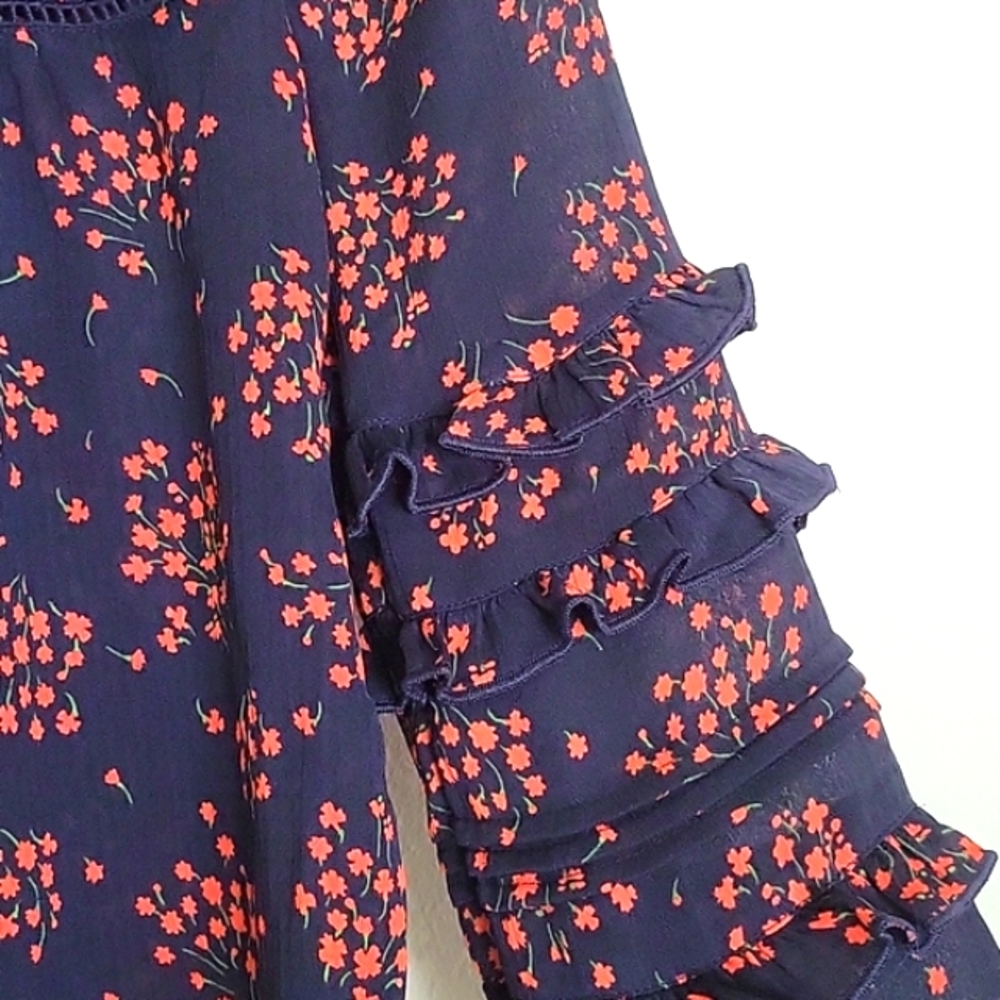 Ann Taylor Navy Blue Floral Teired Ruffle Sleeves and Tie Neckline size … - Picture 4 of 9